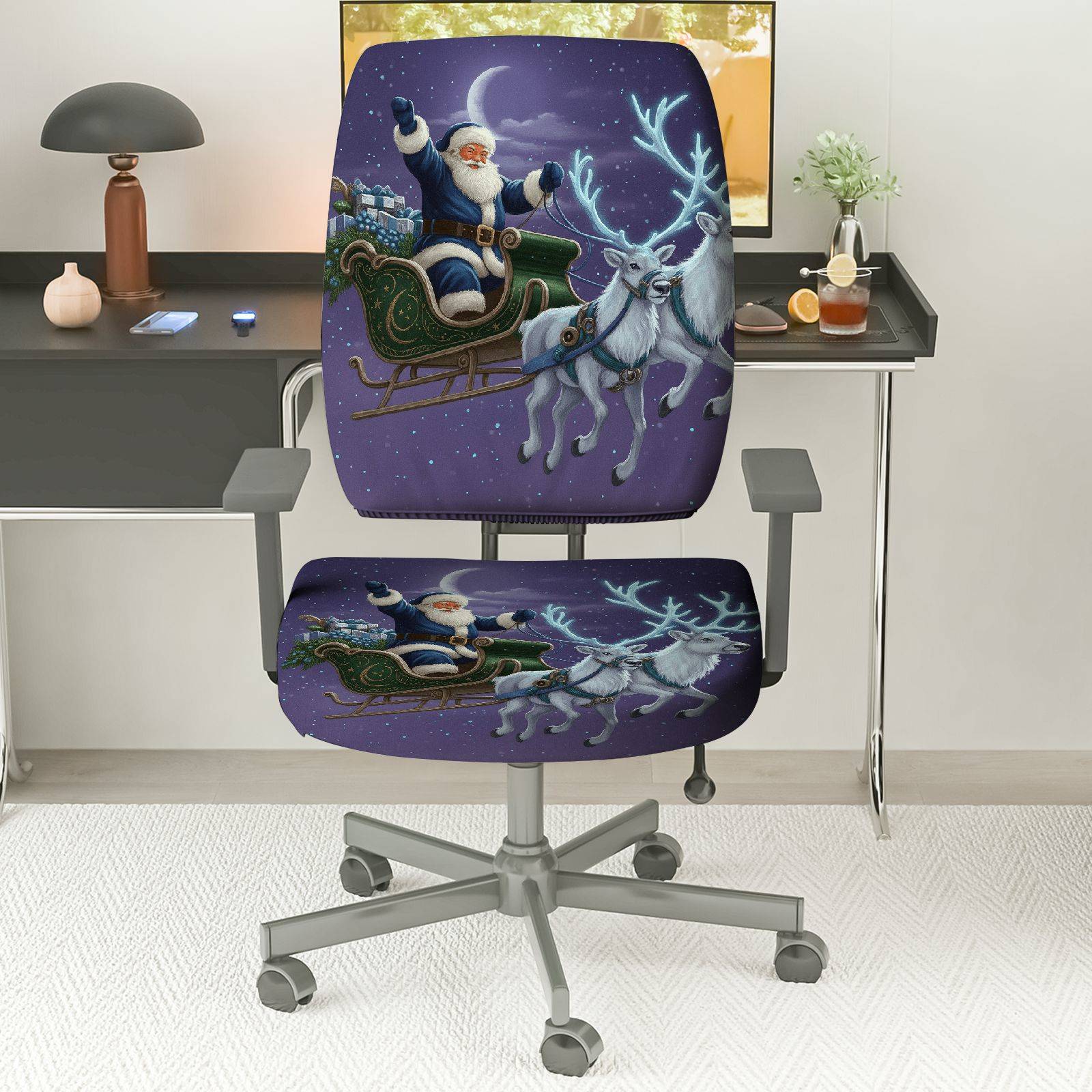 2-Piece Christmas Santa Sleigh Reindeer Moonlight Night  Computer Chair Cover Set, Seat and Backrest