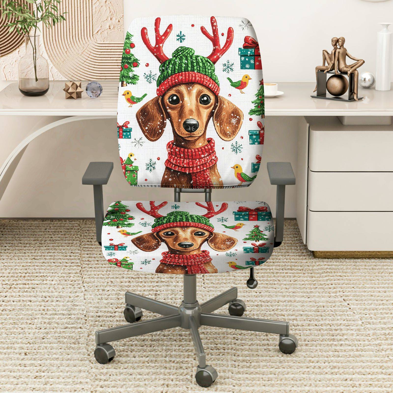 2-Piece Christmas Dog Reindeer Gift Tree Snowflakes  Computer Chair Cover Set, Seat and Backrest