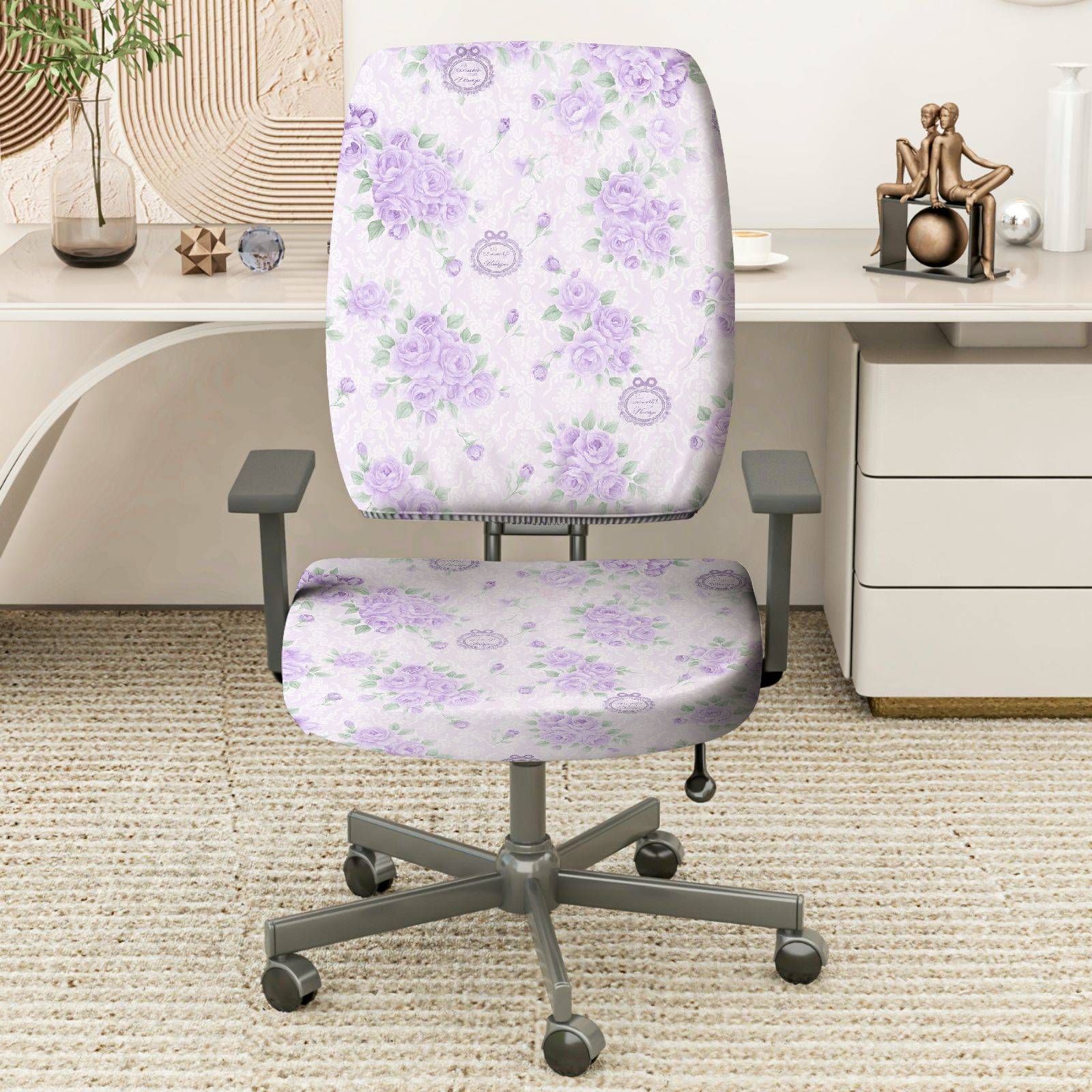 2-Piece Floral Purple Gray Pattern Decorative  Computer Chair Cover Set, Seat and Backrest