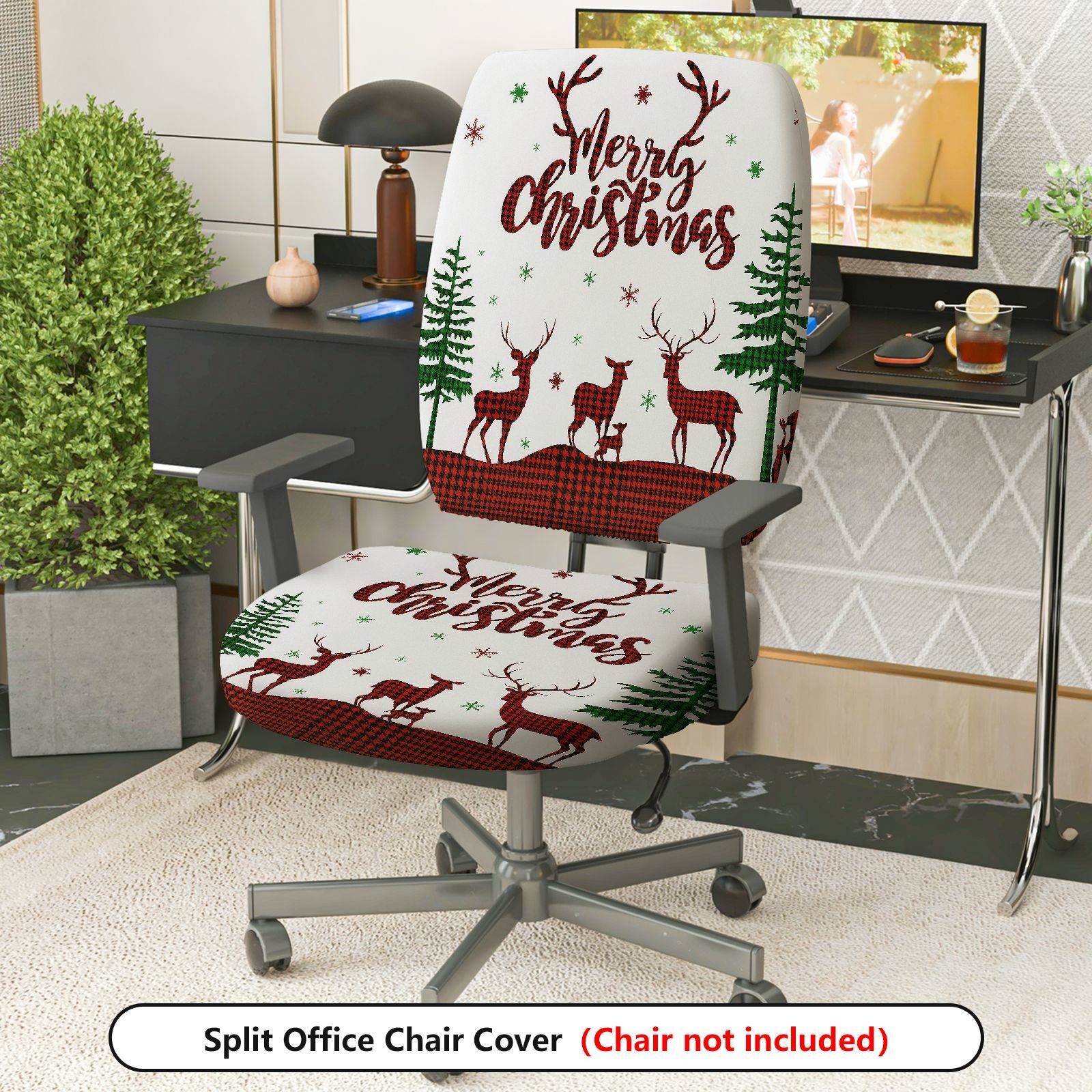 2-Piece Christmas Reindeer Festive Decorative Holiday Winter  Computer Chair Cover Set, Seat and Backrest