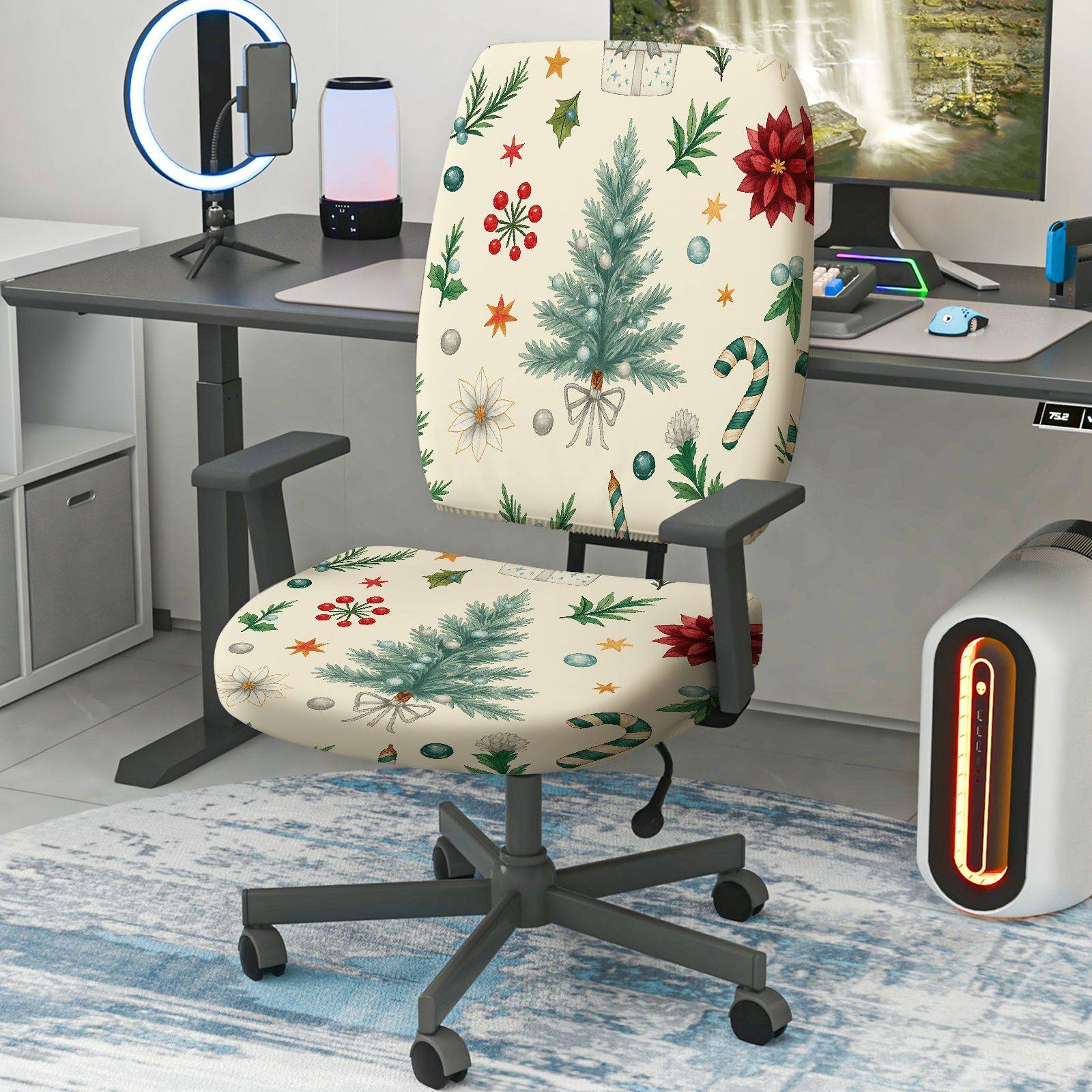 2-Piece Christmas Holiday Festive Winter Pine Snowflake  Computer Chair Cover Set, Seat and Backrest