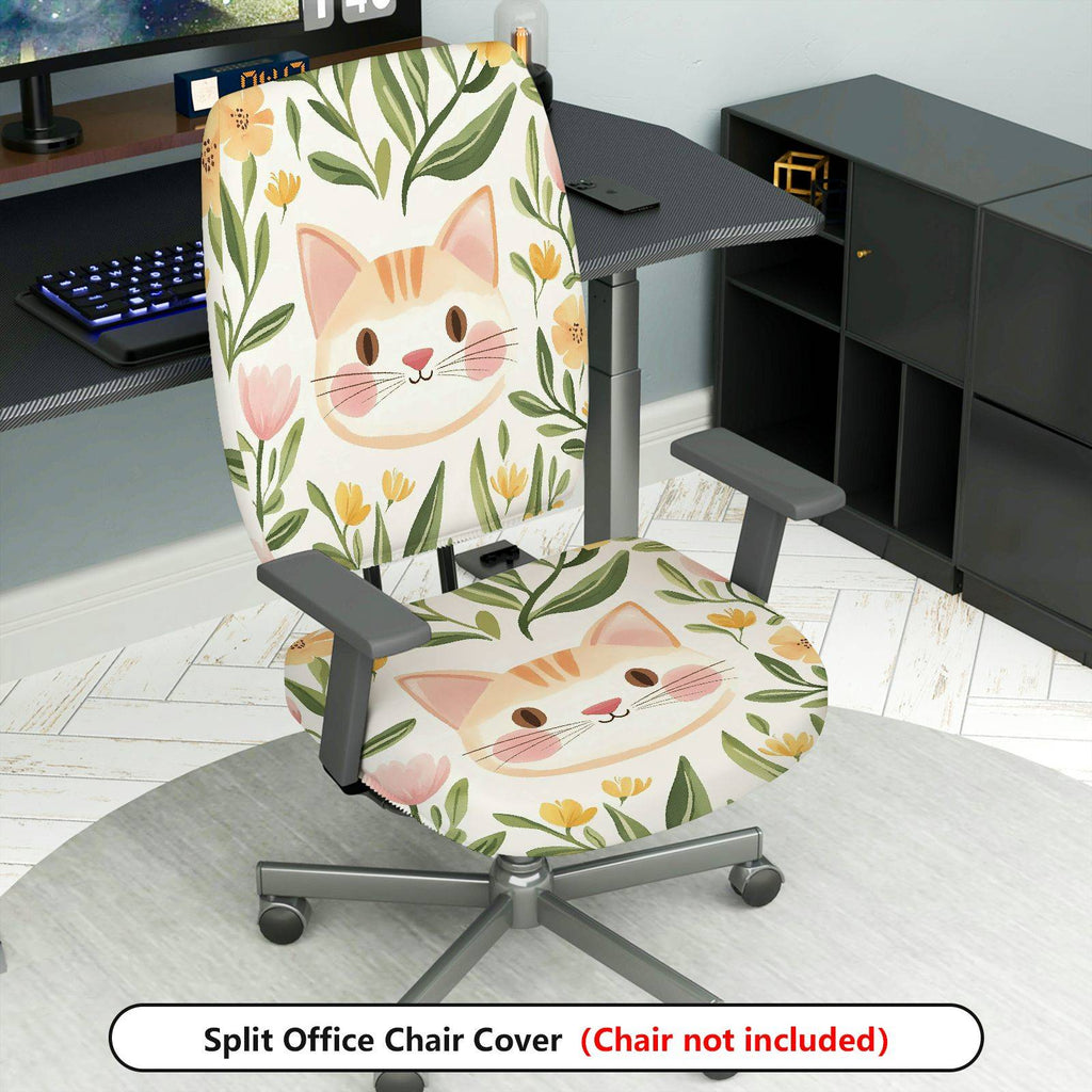 2-Piece Cute Cat Floral Pattern  Computer Chair Cover Set, Seat and Backrest