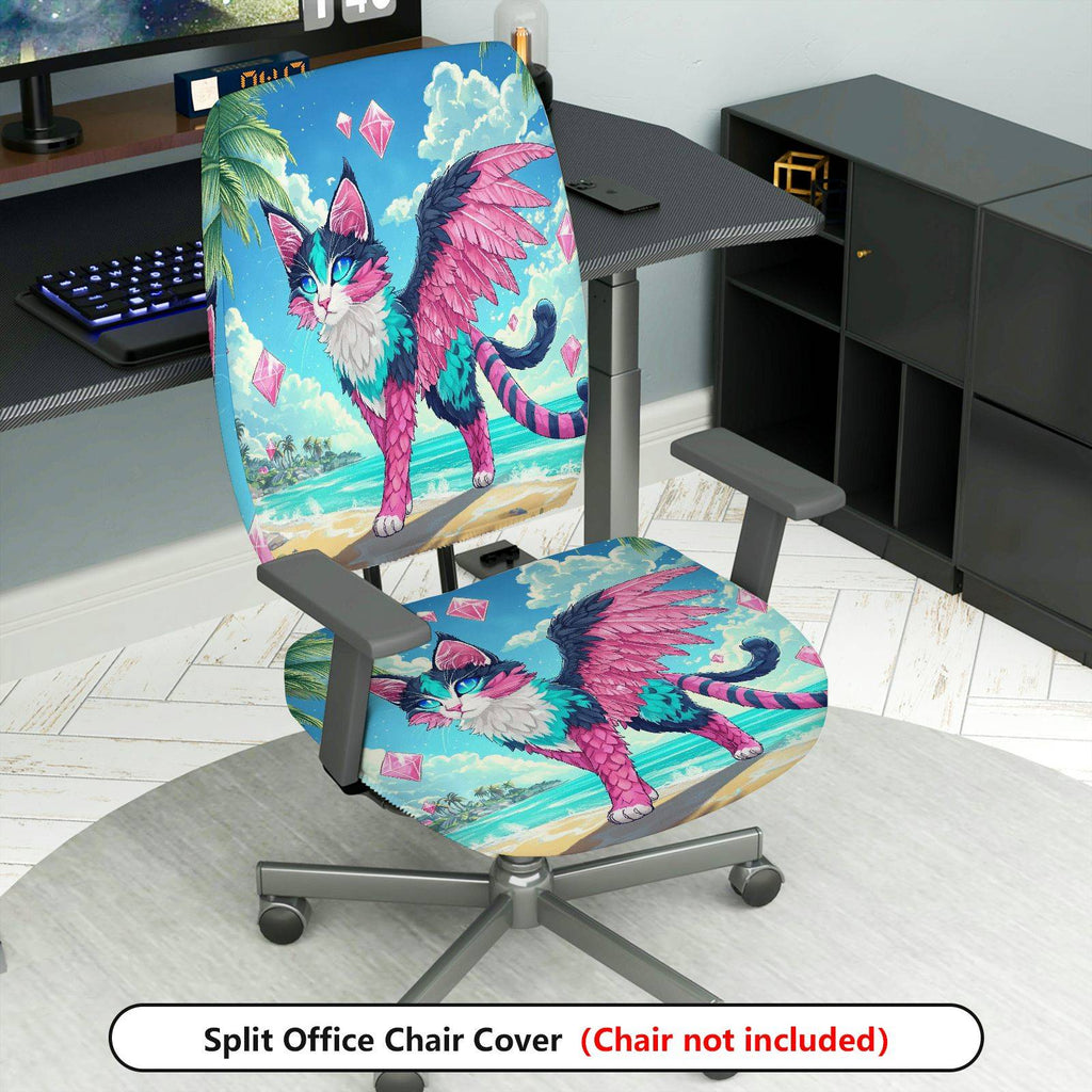 2-Piece Fantasy Cat Beach Wing Vibrant Diamond  Computer Chair Cover Set, Seat and Backrest