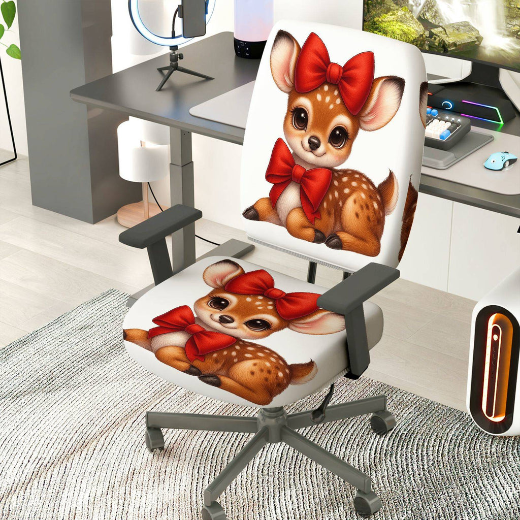 2-Piece Deer Red Bow Christmas  Computer Chair Cover Set, Seat and Backrest