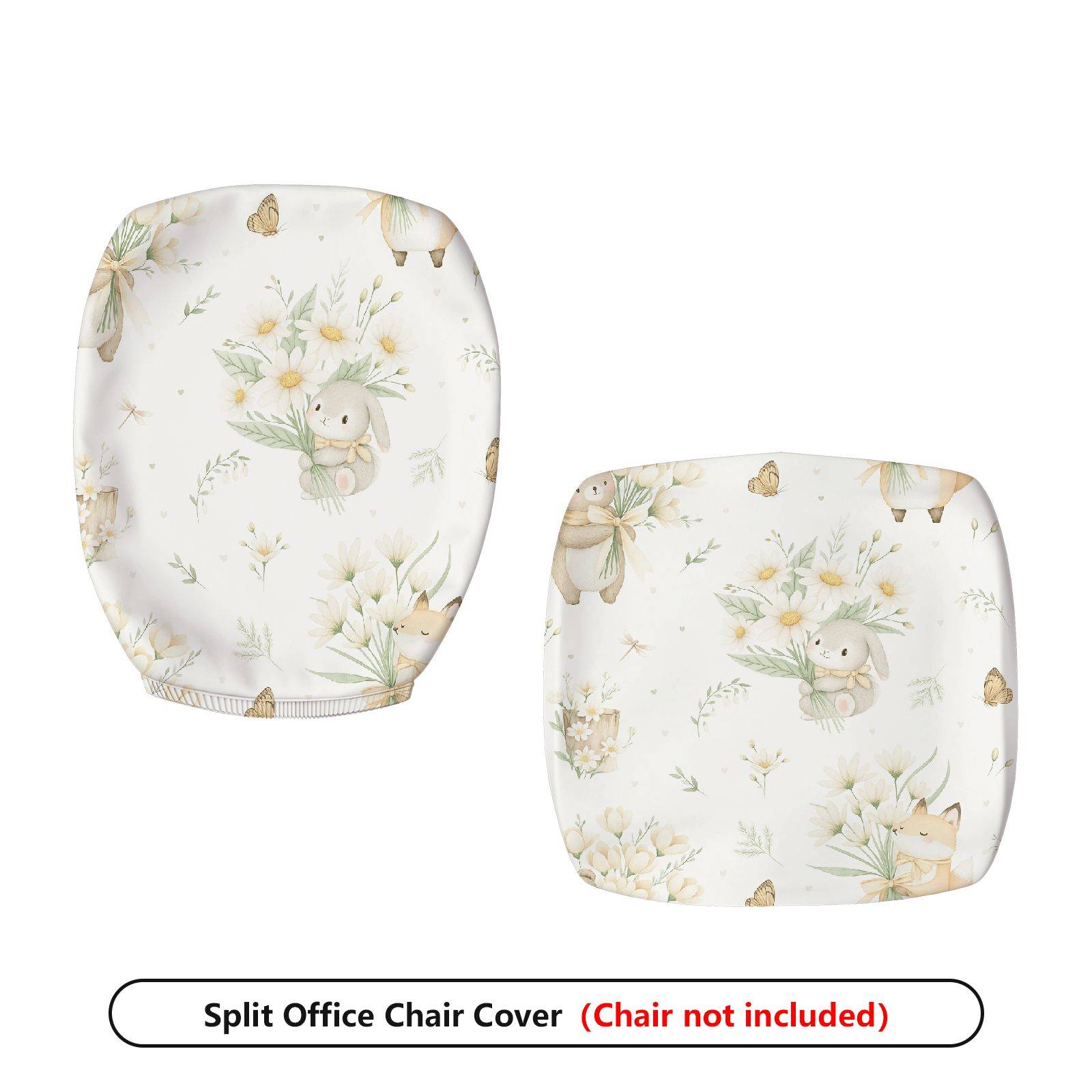 2-Piece Cute Animal Pastel Floral Spring-Inspired Decorative  Computer Chair Cover Set, Seat and Backrest