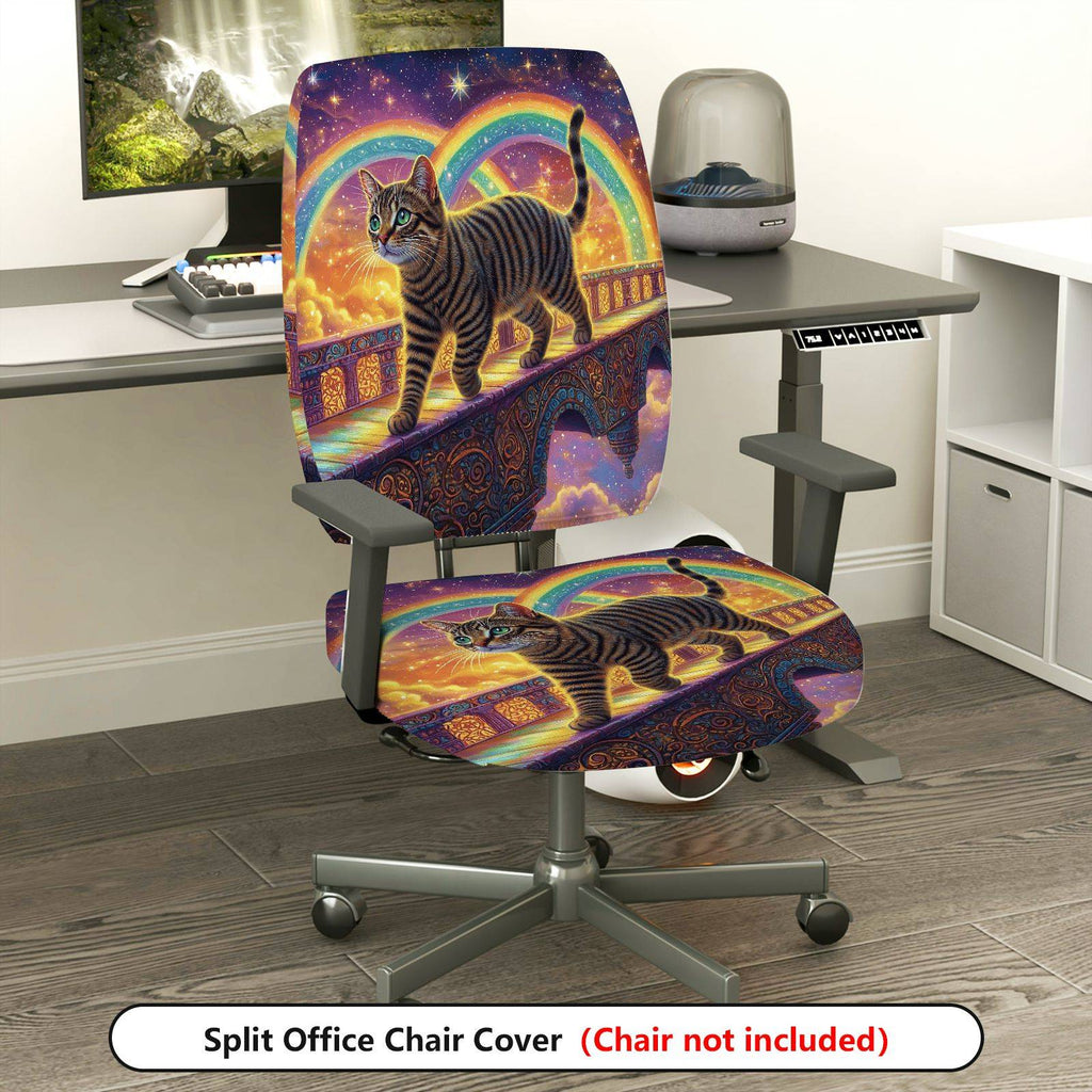 2-Piece Rainbow Starry Night Cat Fantasy Bridge  Computer Chair Cover Set, Seat and Backrest