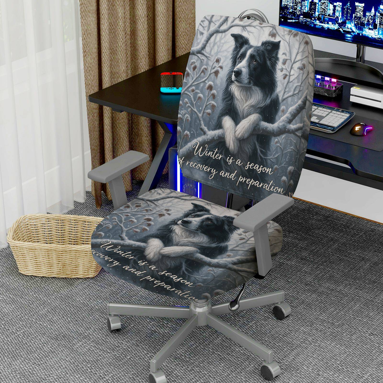 2-Piece Winter Dog Forest Inspirational Quote Holiday  Computer Chair Cover Set, Seat and Backrest