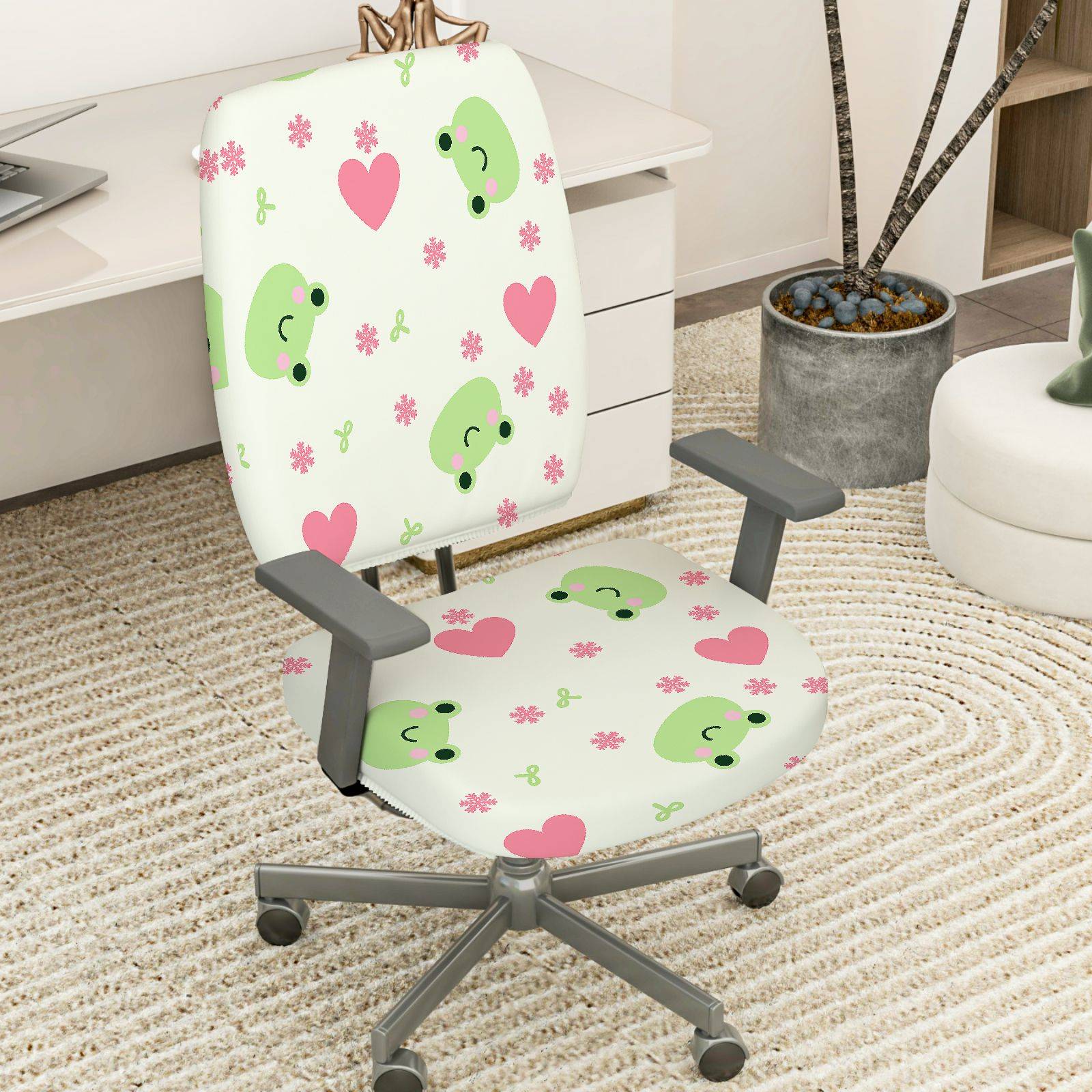 2-Piece Cute Frog Heart Flower  Computer Chair Cover Set, Seat and Backrest
