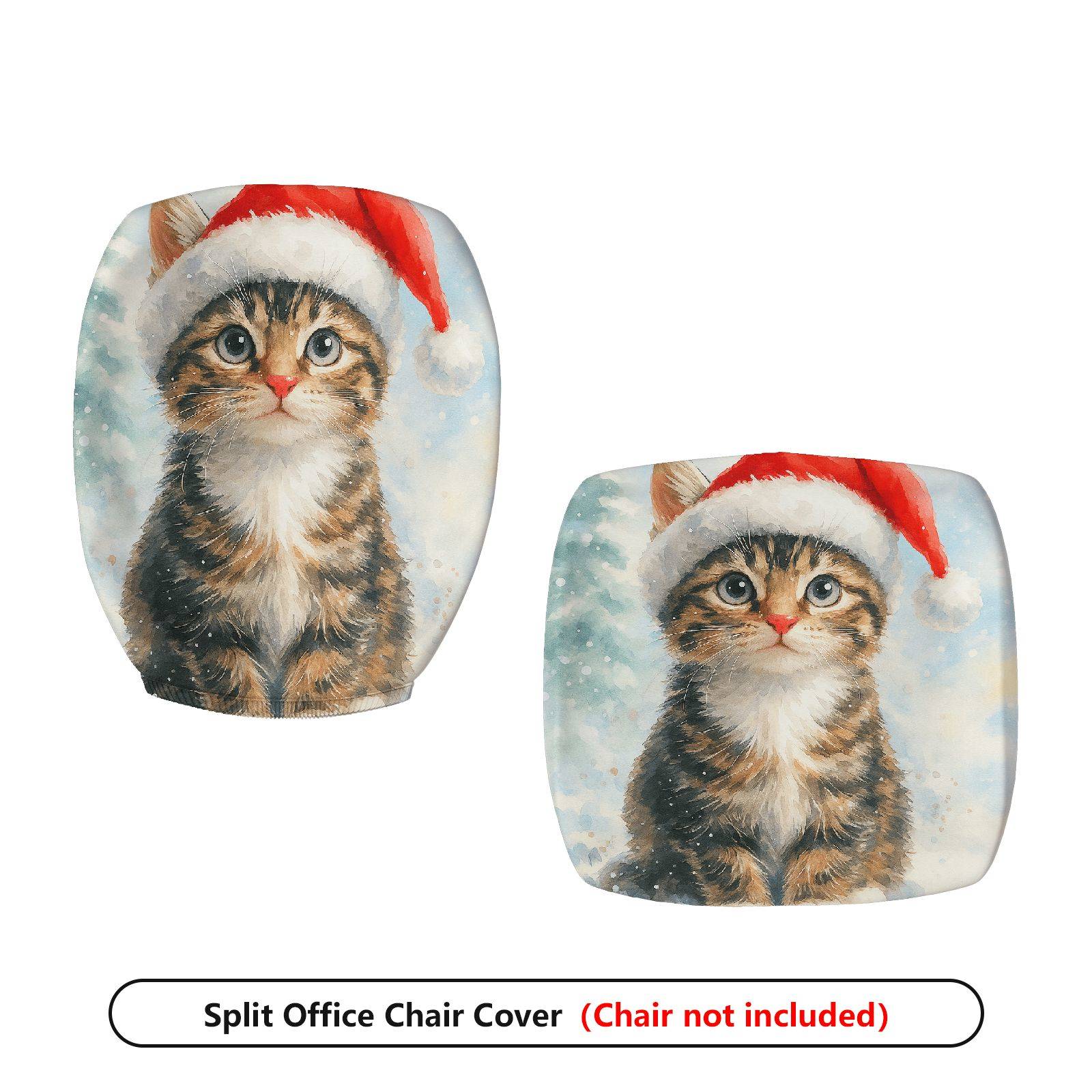 2-Piece Christmas Santa Claus Cat Snow Winter  Computer Chair Cover Set, Seat and Backrest