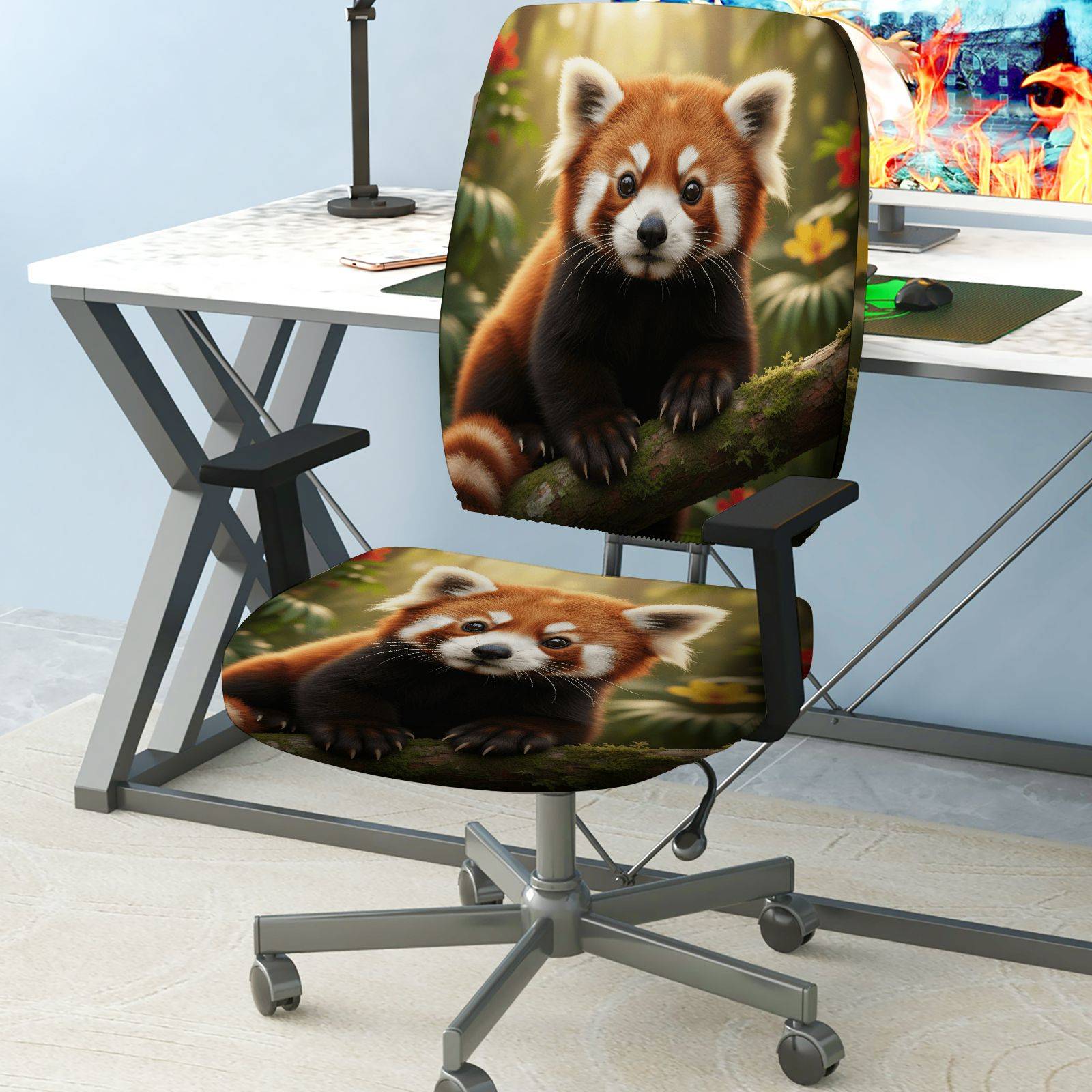 2-Piece Adorable Red Panda Nature Whimsical Animal Woodland  Computer Chair Cover Set, Seat and Backrest