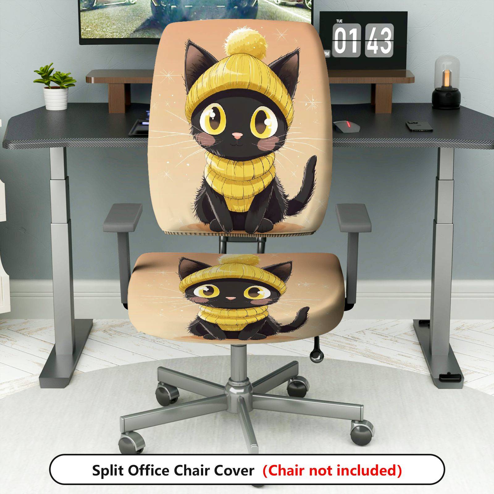 2-Piece Black Cat Cute Cozy Fun Autumn Halloween  Computer Chair Cover Set, Seat and Backrest