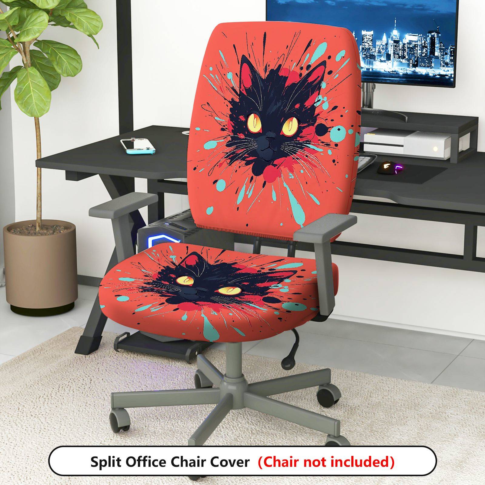 2-Piece Cat Splatter Art Abstract Colorful Halloween  Computer Chair Cover Set, Seat and Backrest