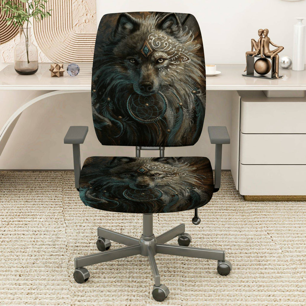 2-Piece Wolf Tribal Dreamcatcher Artistic Mystical  Computer Chair Cover Set, Seat and Backrest