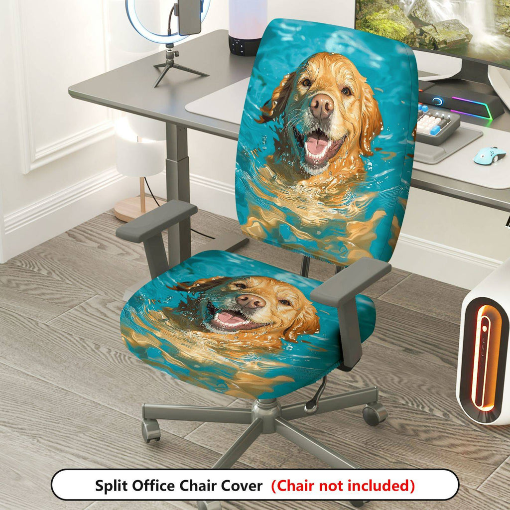 2-Piece Swimming Dog Animal Fun Pet  Computer Chair Cover Set, Seat and Backrest