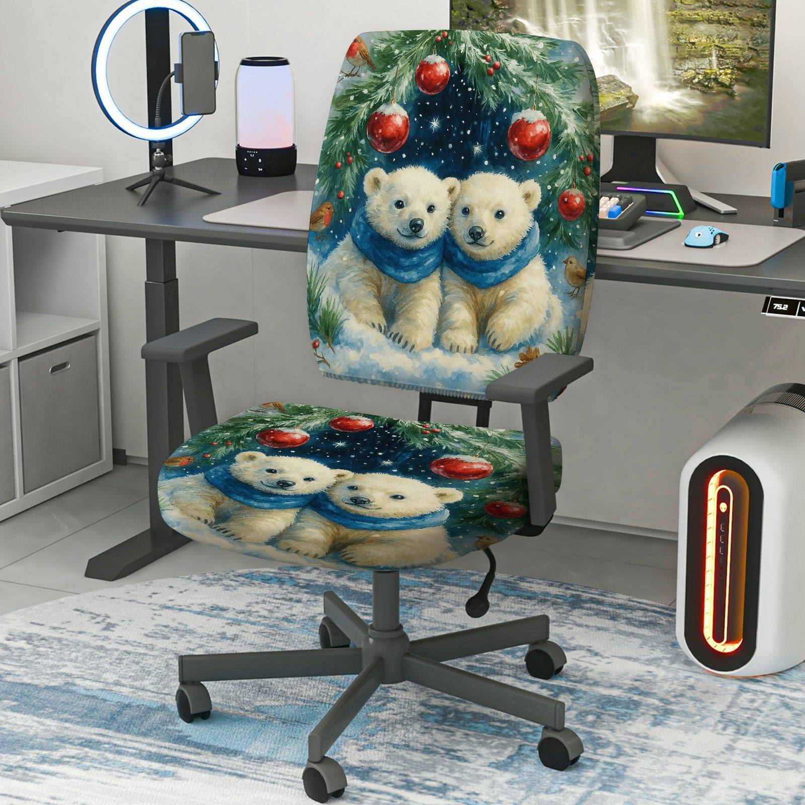 2-Piece Christmas Polar Bear Snow Winter Holiday Decor  Computer Chair Cover Set, Seat and Backrest