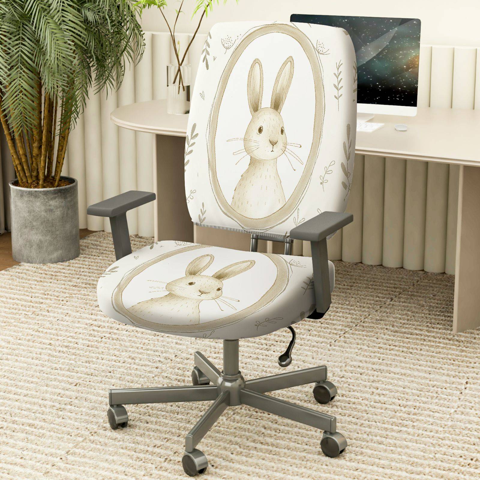 2-Piece Cute Bunny Pattern Easter Pastel Beige  Computer Chair Cover Set, Seat and Backrest
