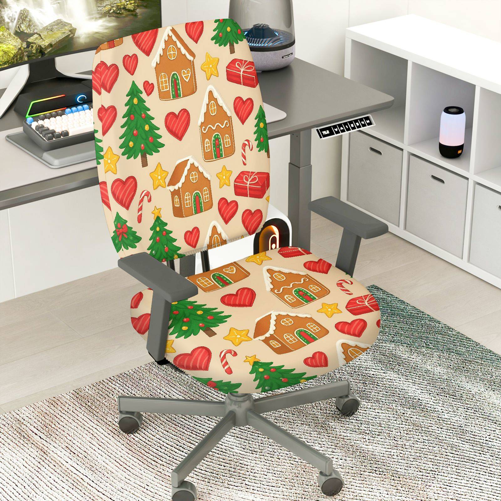 2-Piece Christmas Gingerbread House Candy Cane Tree Holiday  Computer Chair Cover Set, Seat and Backrest
