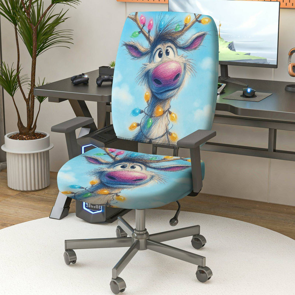 2-Piece Christmas Reindeer Blue Holiday Fun  Computer Chair Cover Set, Seat and Backrest