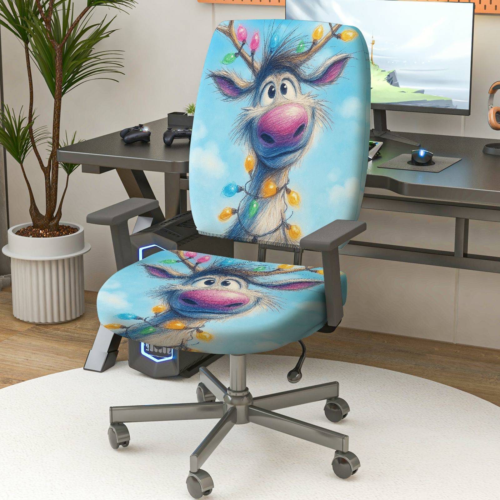 2-Piece Christmas Reindeer Blue Holiday Fun  Computer Chair Cover Set, Seat and Backrest