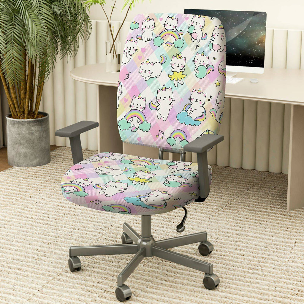2-Piece Cute Colorful Rainbow Star Cat  Computer Chair Cover Set, Seat and Backrest