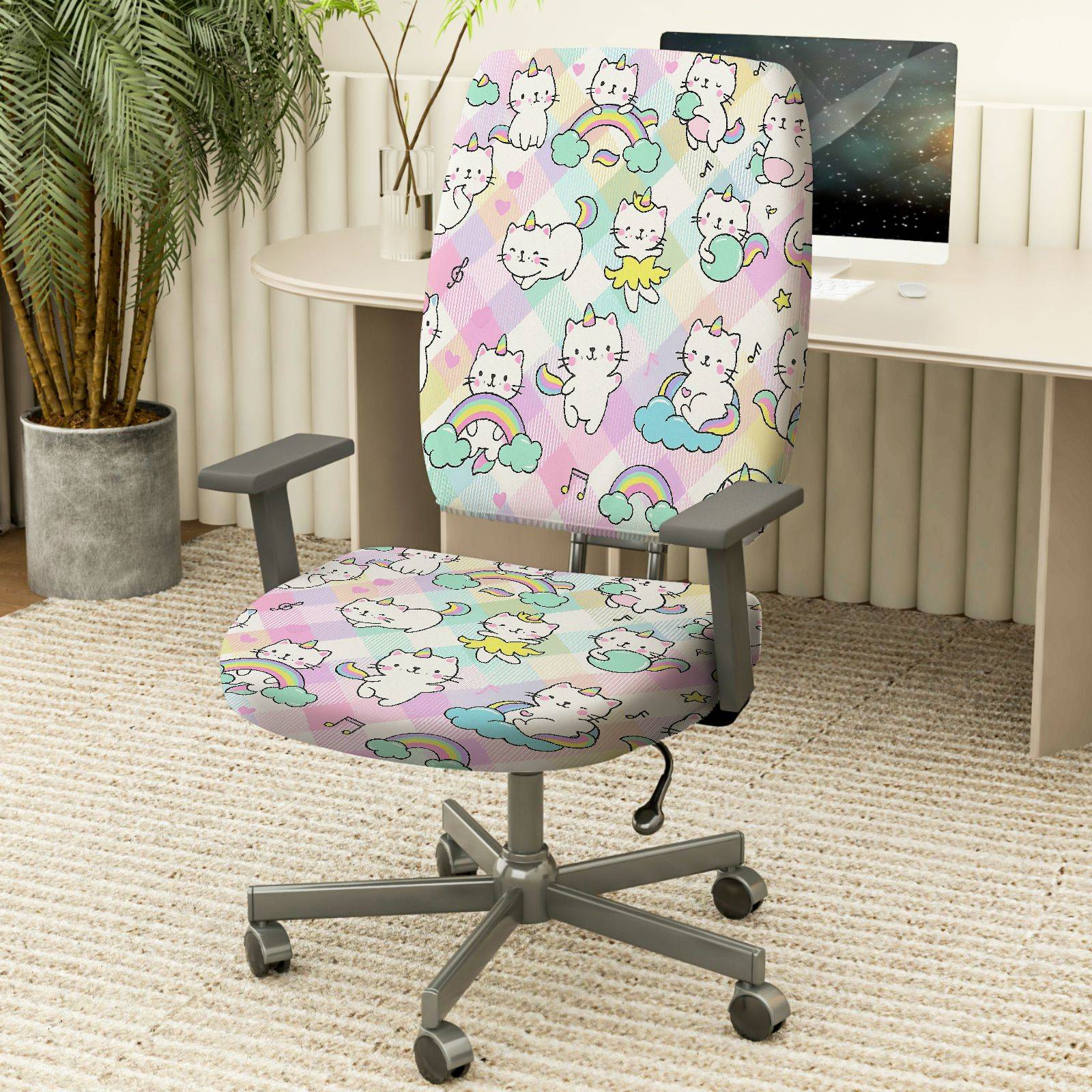 2-Piece Cute Colorful Rainbow Star Cat  Computer Chair Cover Set, Seat and Backrest