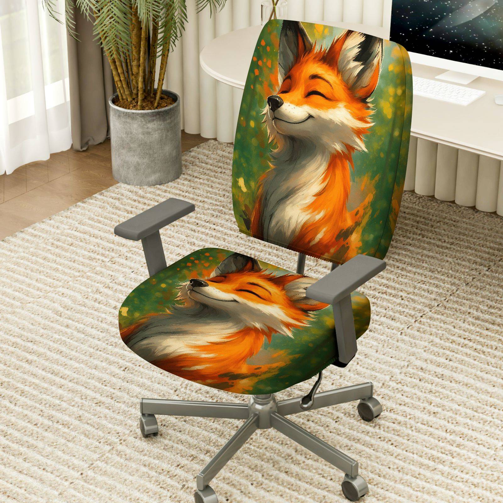 2-Piece Cute Fox Animal Art  Computer Chair Cover Set, Seat and Backrest