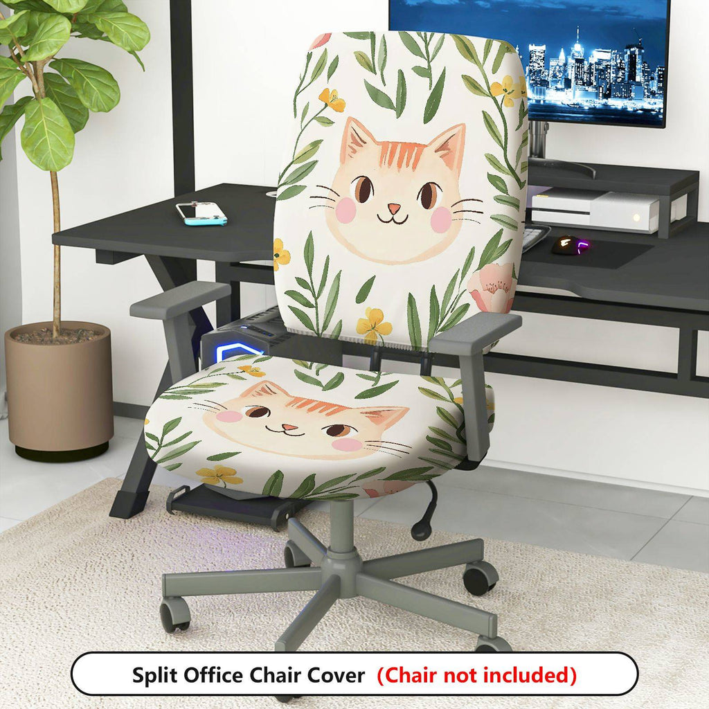 2-Piece Cute Cat Floral Leaf Decorative Universal  Computer Chair Cover Set, Seat and Backrest