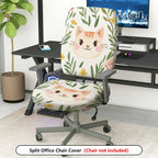 2-Piece Cute Cat Floral Leaf Decorative Universal  Computer Chair Cover Set, Seat and Backrest