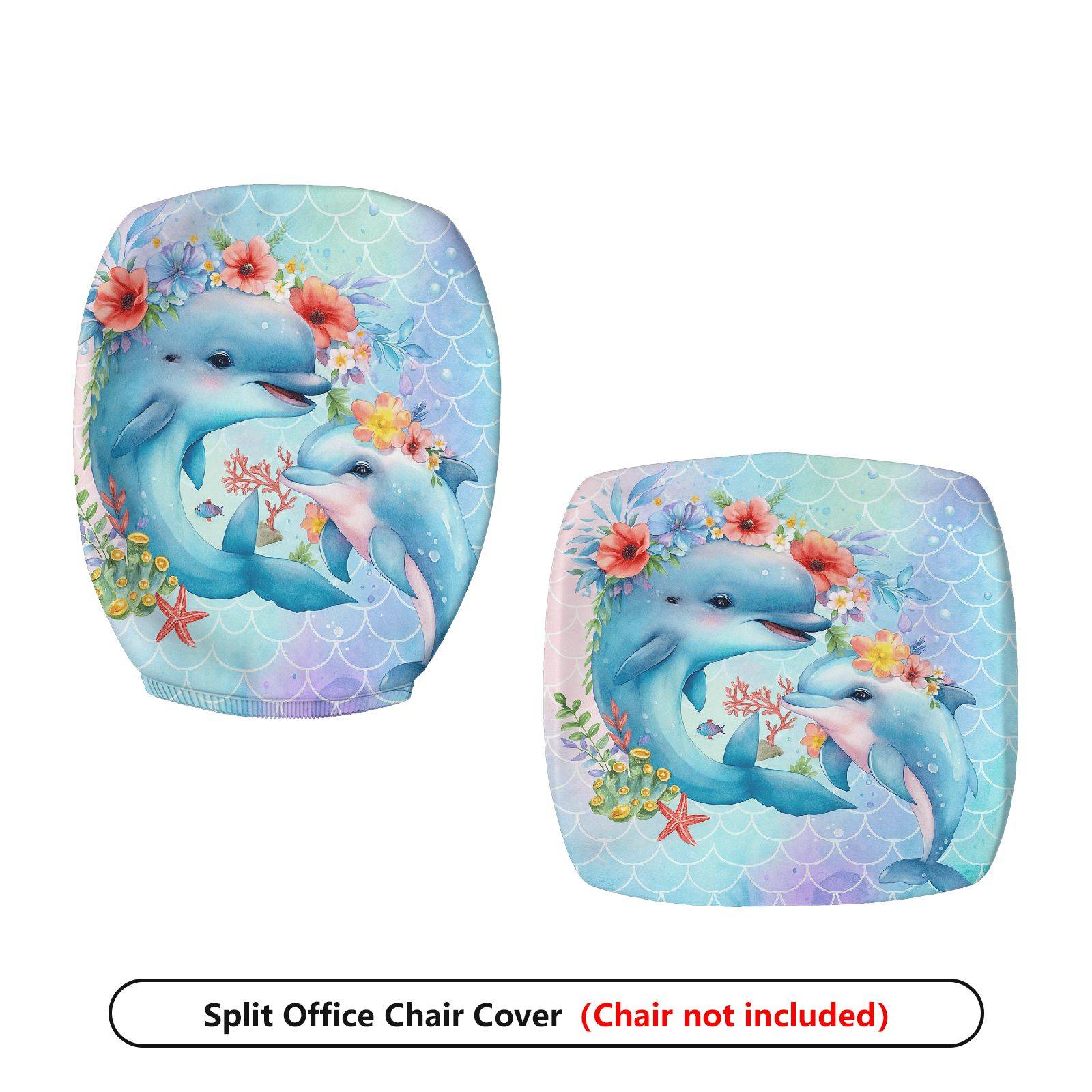 2-Piece Dolphin Ocean Flowers Animal  Computer Chair Cover Set, Seat and Backrest