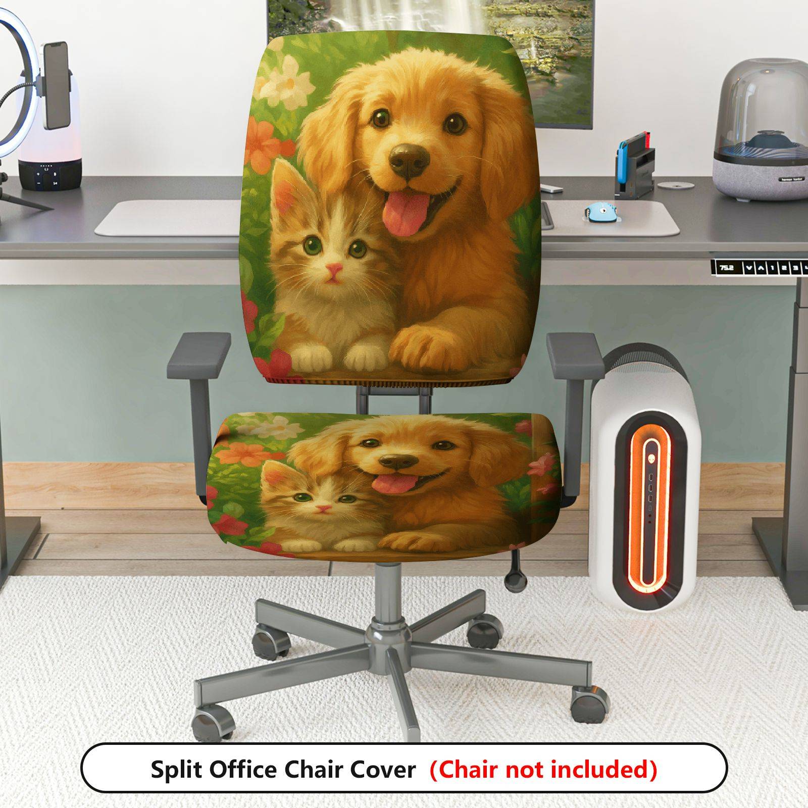 2-Piece Floral Dog Animal Green Pattern  Computer Chair Cover Set, Seat and Backrest