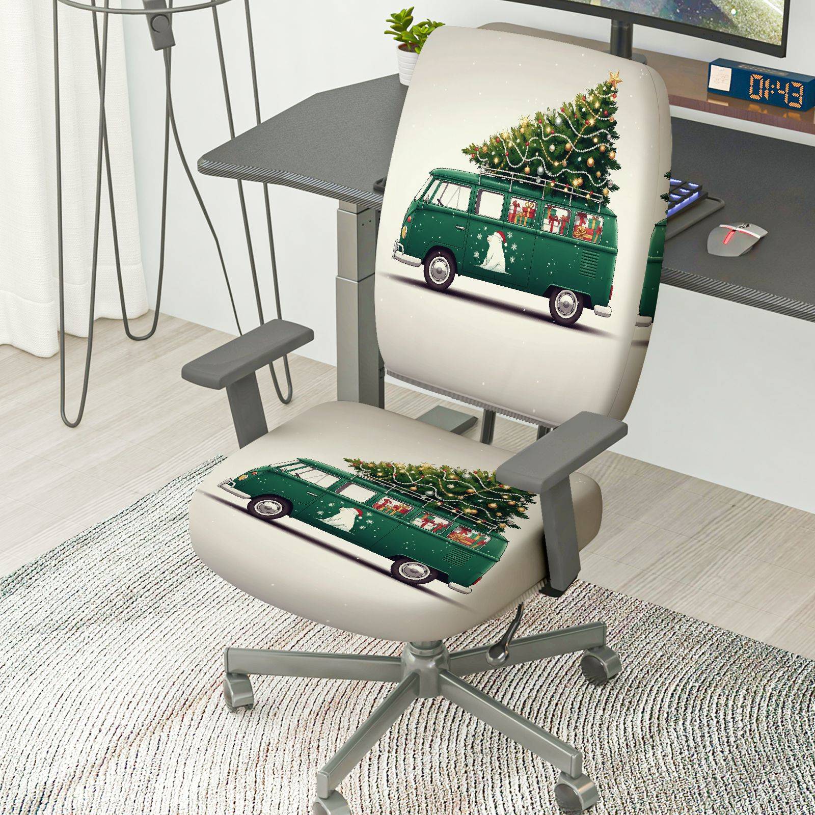 2-Piece Christmas Holiday Vintage Car Tree Dog Snow  Computer Chair Cover Set, Seat and Backrest