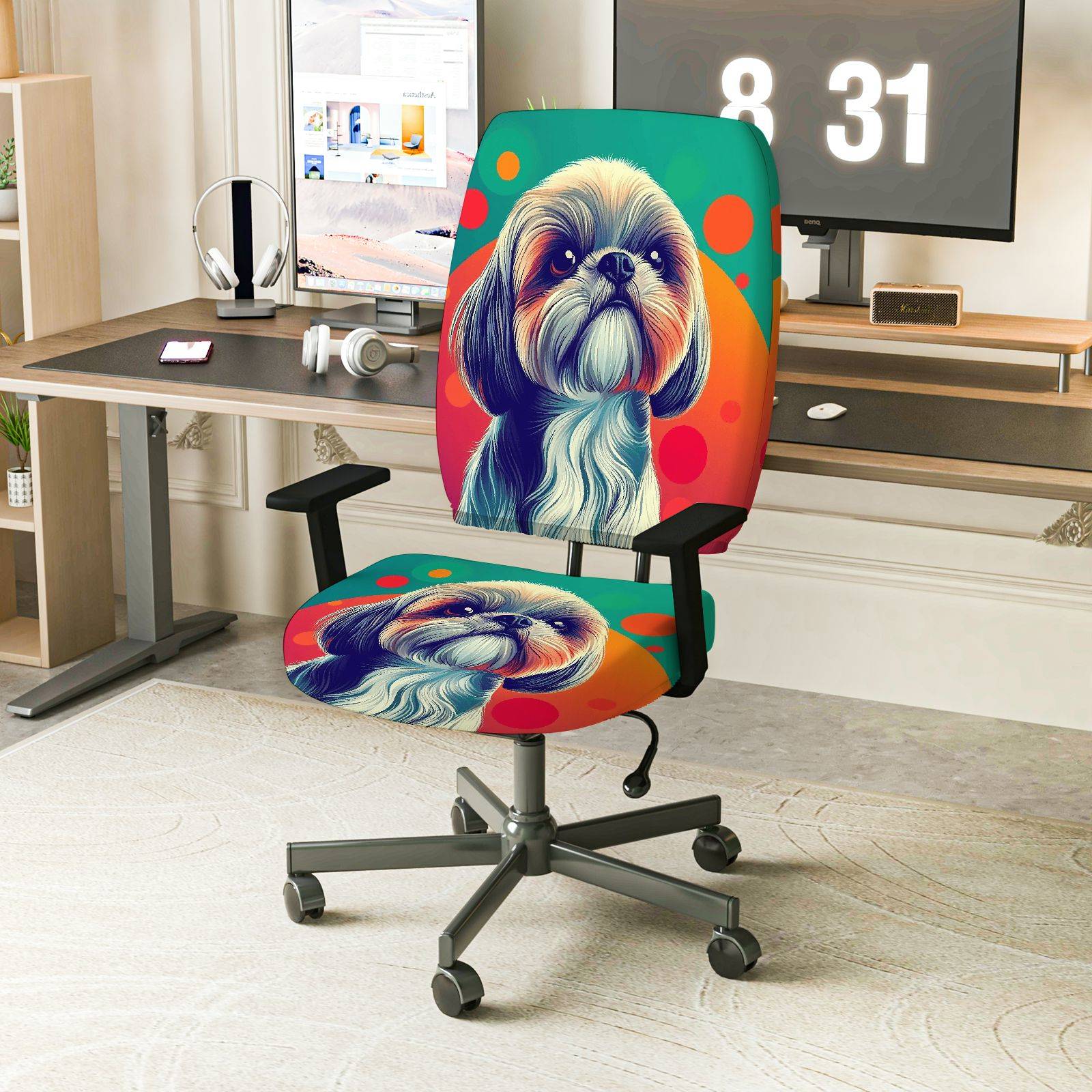 2-Piece Colorful Dog Art Pattern Swivel  Computer Chair Cover Set, Seat and Backrest