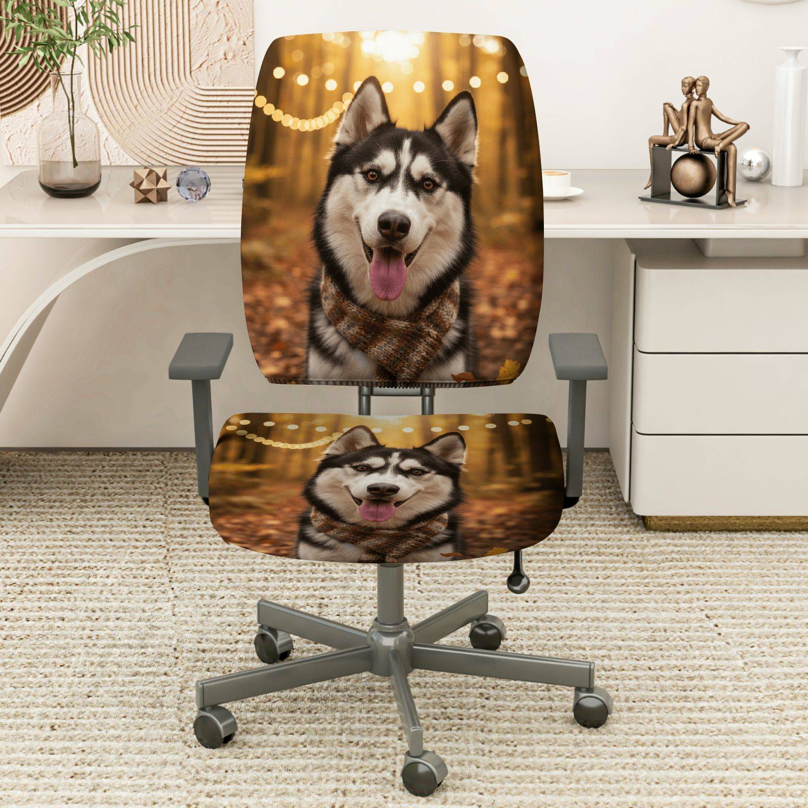 2-Piece Husky Dog Pattern Festive Living Room Decoration  Computer Chair Cover Set, Seat and Backrest