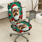 2-Piece Christmas Dog Santa Hat Pinecone Snowflakes  Computer Chair Cover Set, Seat and Backrest