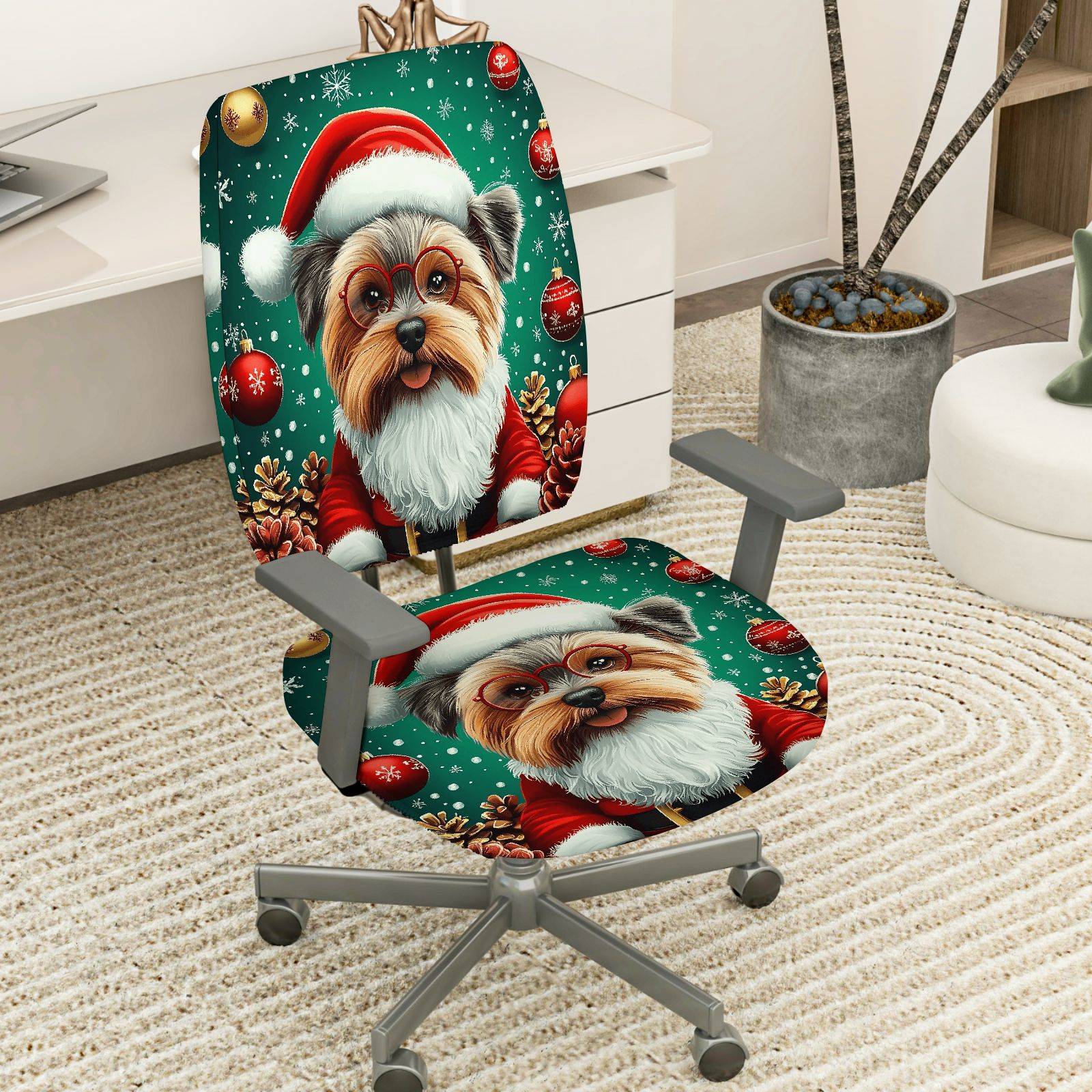 2-Piece Christmas Dog Santa Hat Pinecone Snowflakes  Computer Chair Cover Set, Seat and Backrest