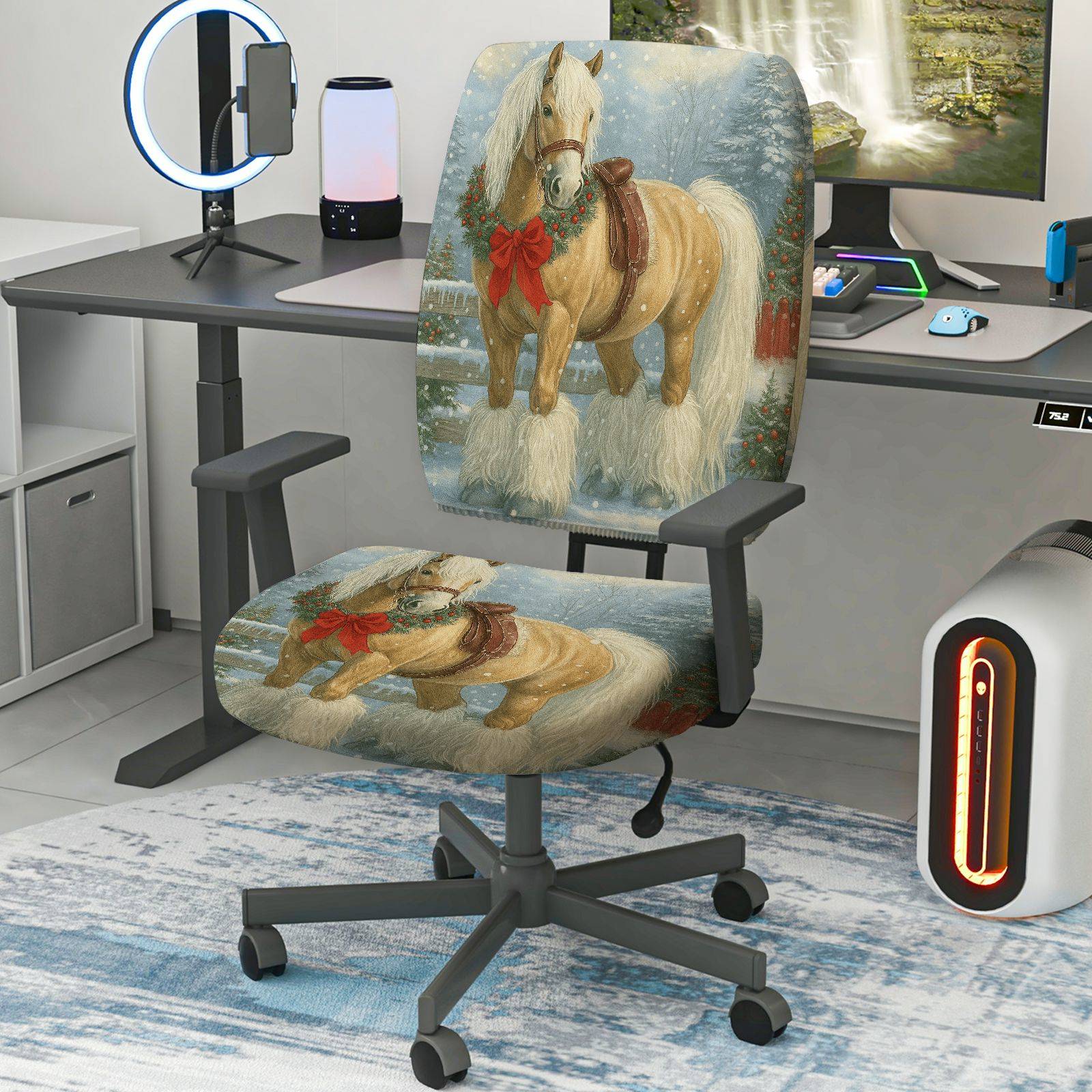 2-Piece Horse Christmas Winter Snow Holiday  Computer Chair Cover Set, Seat and Backrest
