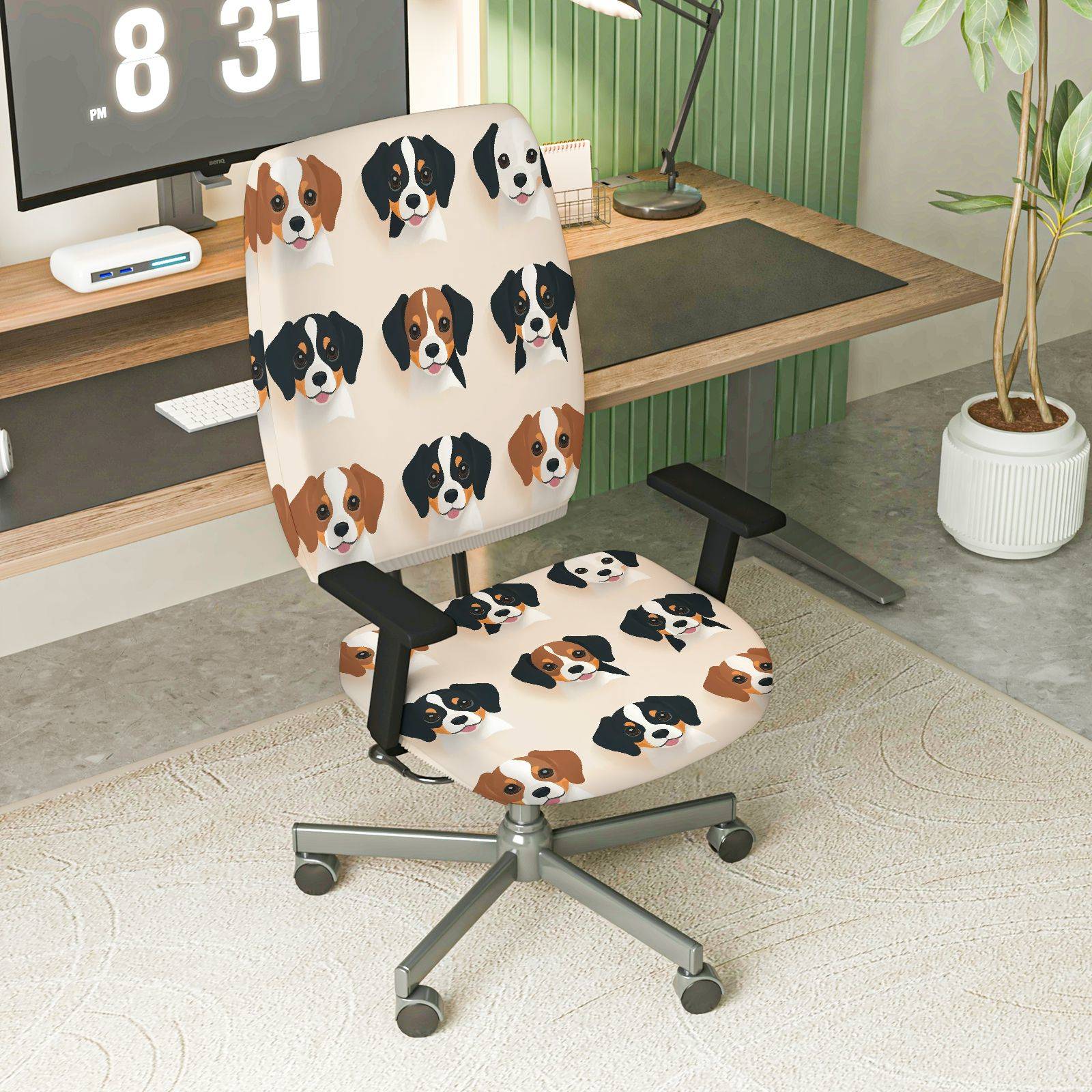 2-Piece Cute Dog Pattern Animal Print Fun  Computer Chair Cover Set, Seat and Backrest