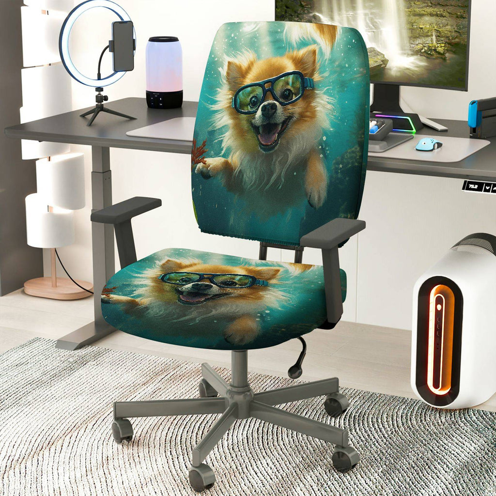 2-Piece Dog Underwater Fun Art Cute  Computer Chair Cover Set, Seat and Backrest