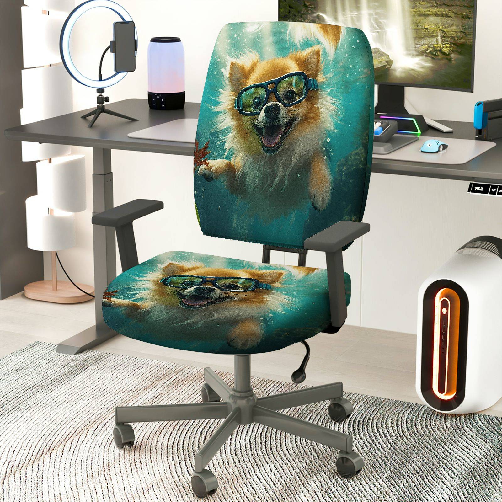2-Piece Dog Underwater Fun Art Cute  Computer Chair Cover Set, Seat and Backrest