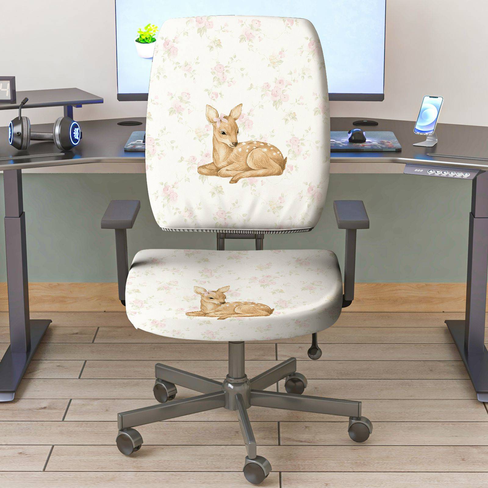 2-Piece Deer Floral Pastoral Cute Decorative  Computer Chair Cover Set, Seat and Backrest