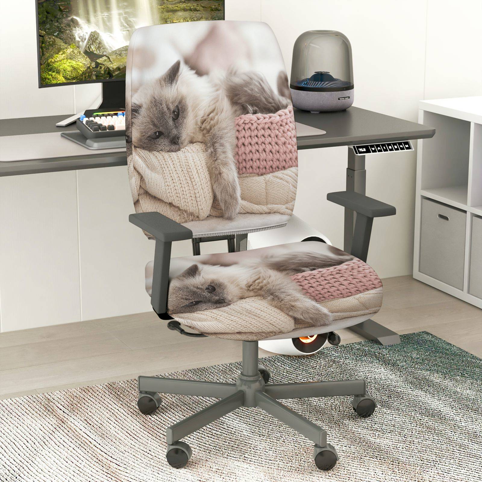 2-Piece Cute Cozy Cat Pattern  Computer Chair Cover Set, Seat and Backrest