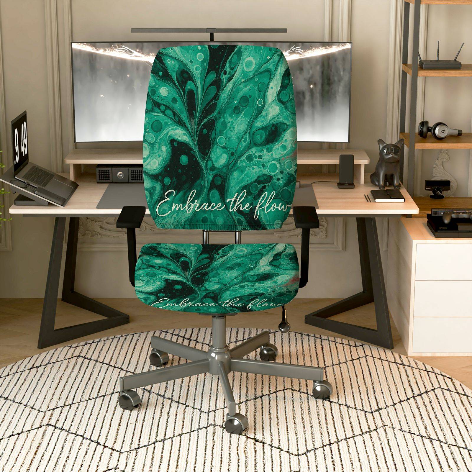 2-Piece Abstract Deep Green Artistic Inspirational Modern  Computer Chair Cover Set, Seat and Backrest