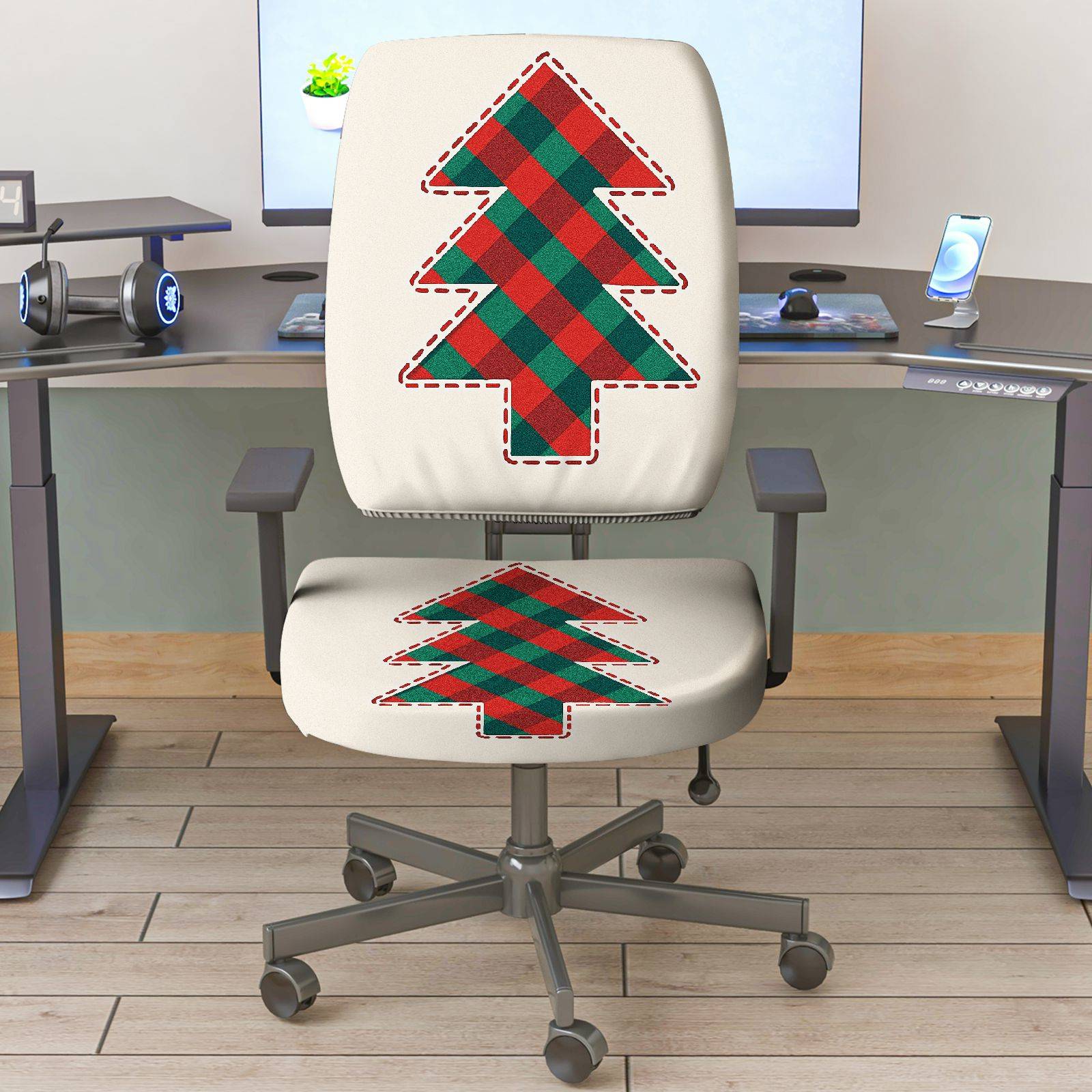 2-Piece Christmas plaid tree pattern holiday decoration  Computer Chair Cover Set, Seat and Backrest
