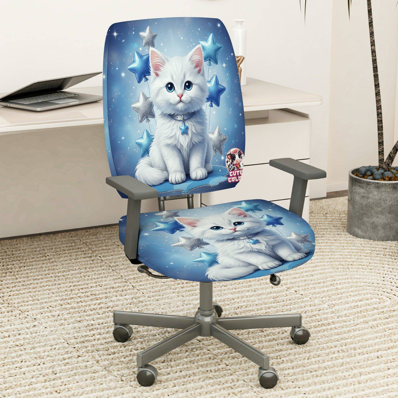 2-Piece Cute Cat Starry Blue Fantasy  Computer Chair Cover Set, Seat and Backrest