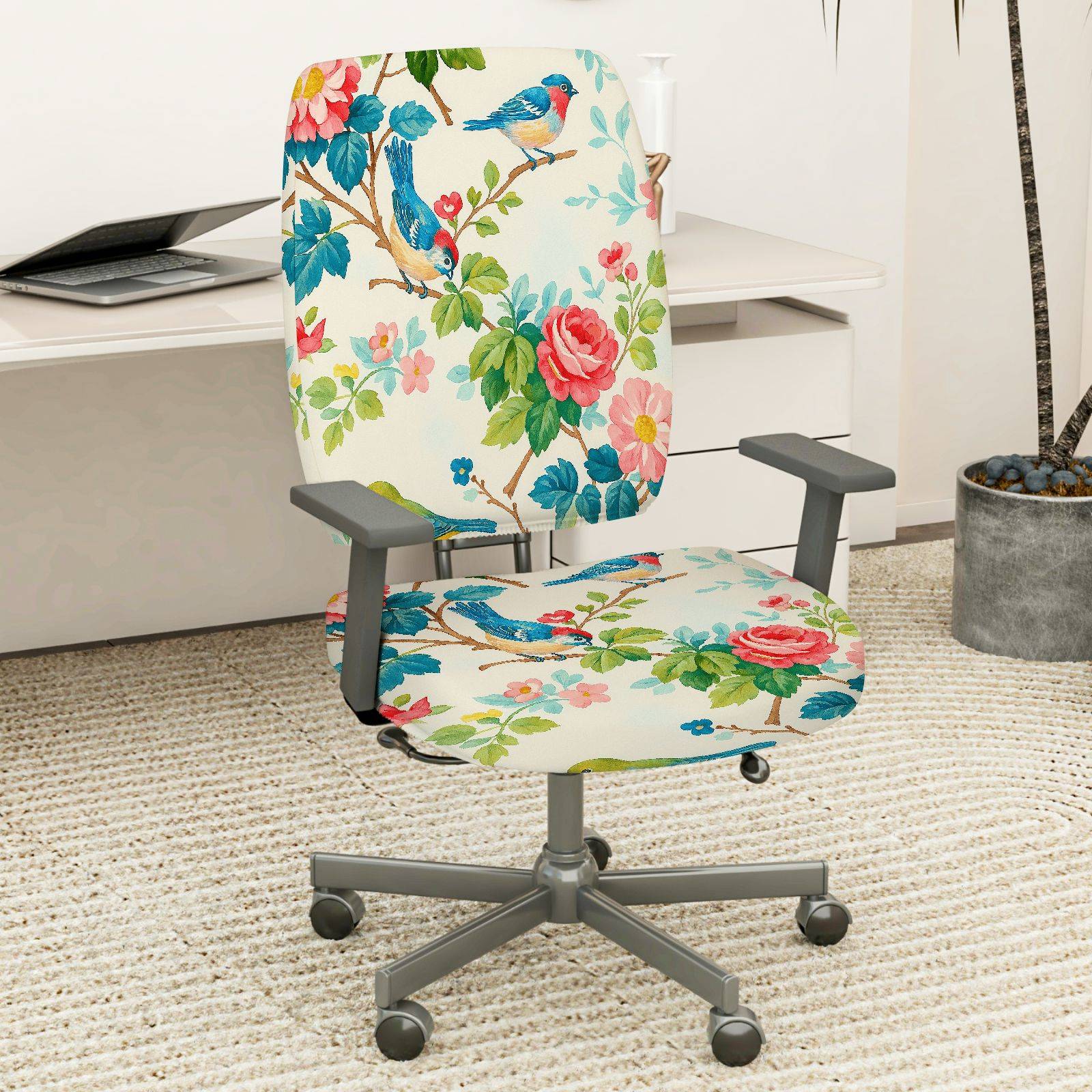 2-Piece Floral Bird Pattern Rose Spring Nature Garden  Computer Chair Cover Set, Seat and Backrest