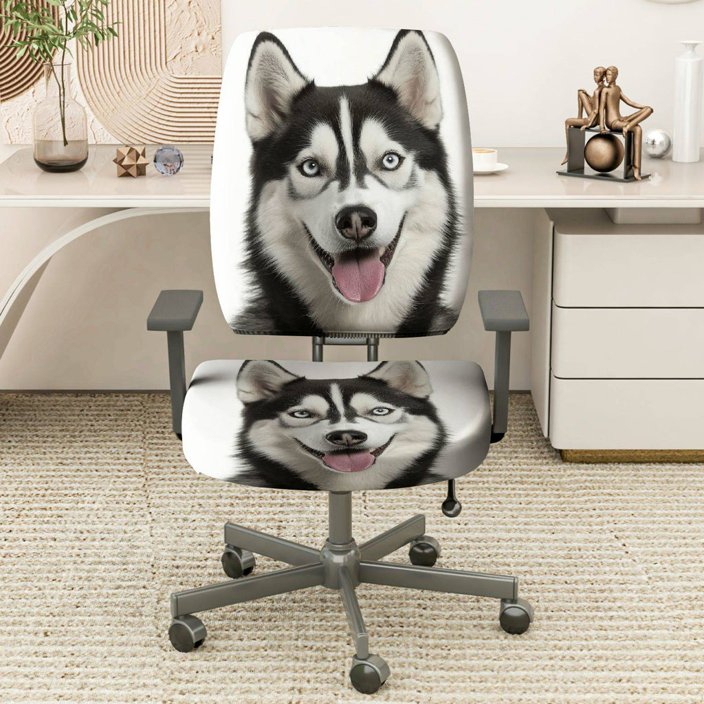 2-Piece Cute Husky Dog Animal Print Stretch  Computer Chair Cover Set, Seat and Backrest