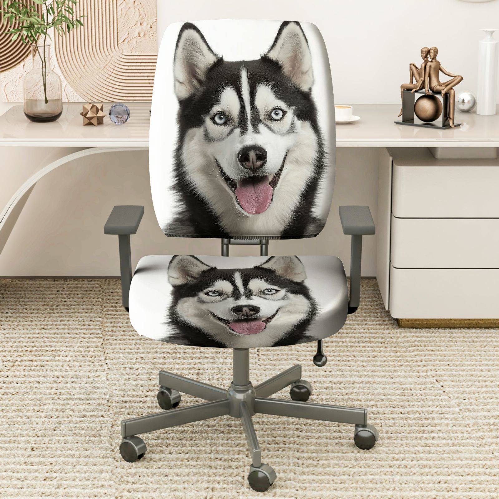 2-Piece Cute Husky Dog Animal Print Stretch  Computer Chair Cover Set, Seat and Backrest
