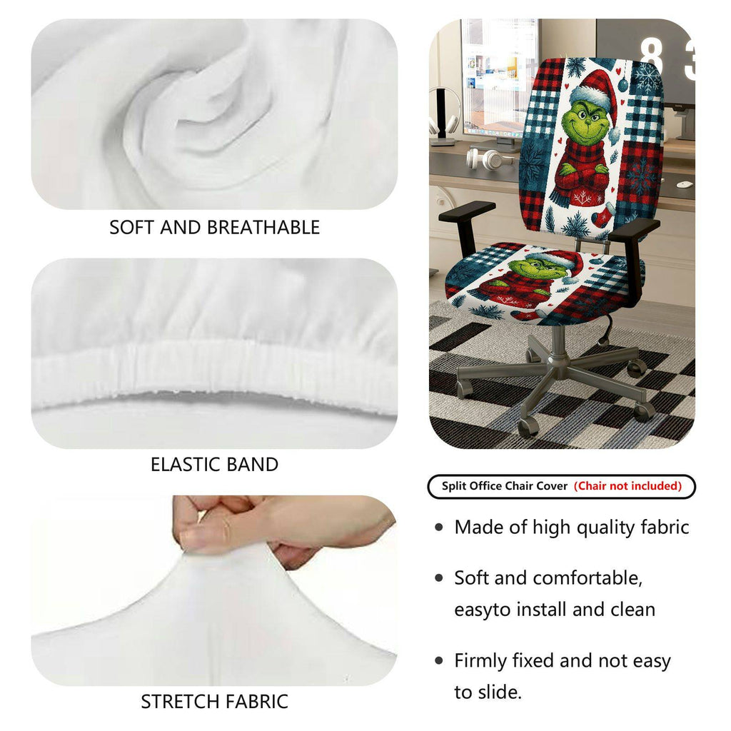 2-Piece Christmas Grinch Plaid Snowflake Holiday  Computer Chair Cover Set, Seat and Backrest