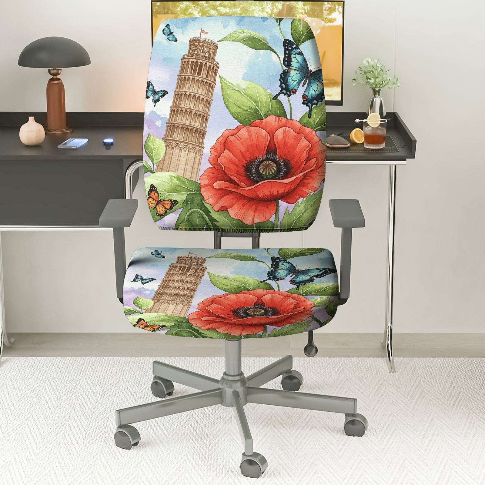 2-Piece Butterfly Flower Tower Nature Art Fun  Computer Chair Cover Set, Seat and Backrest