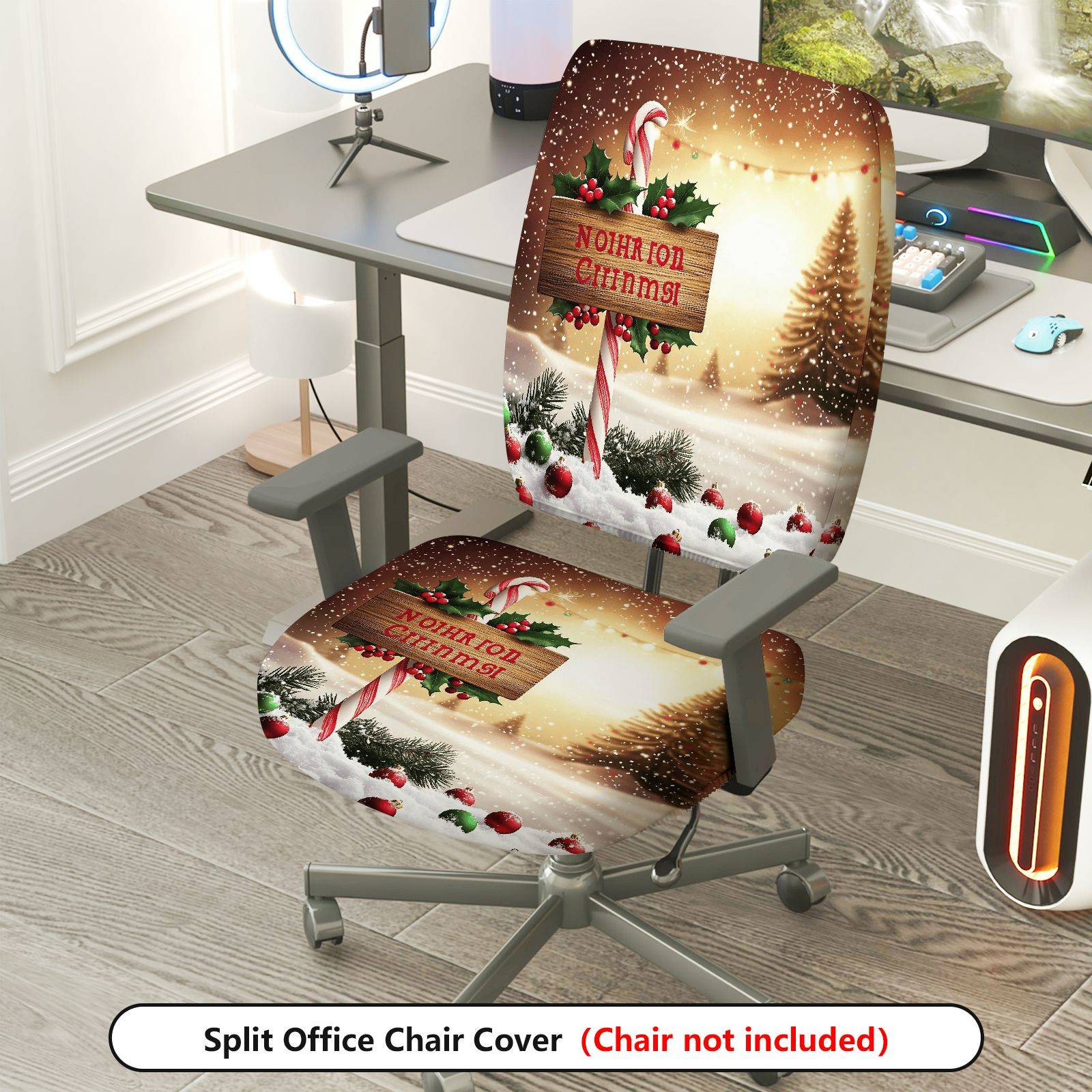 2-Piece Christmas Snowflake Candy Cane Holly Tree  Computer Chair Cover Set, Seat and Backrest